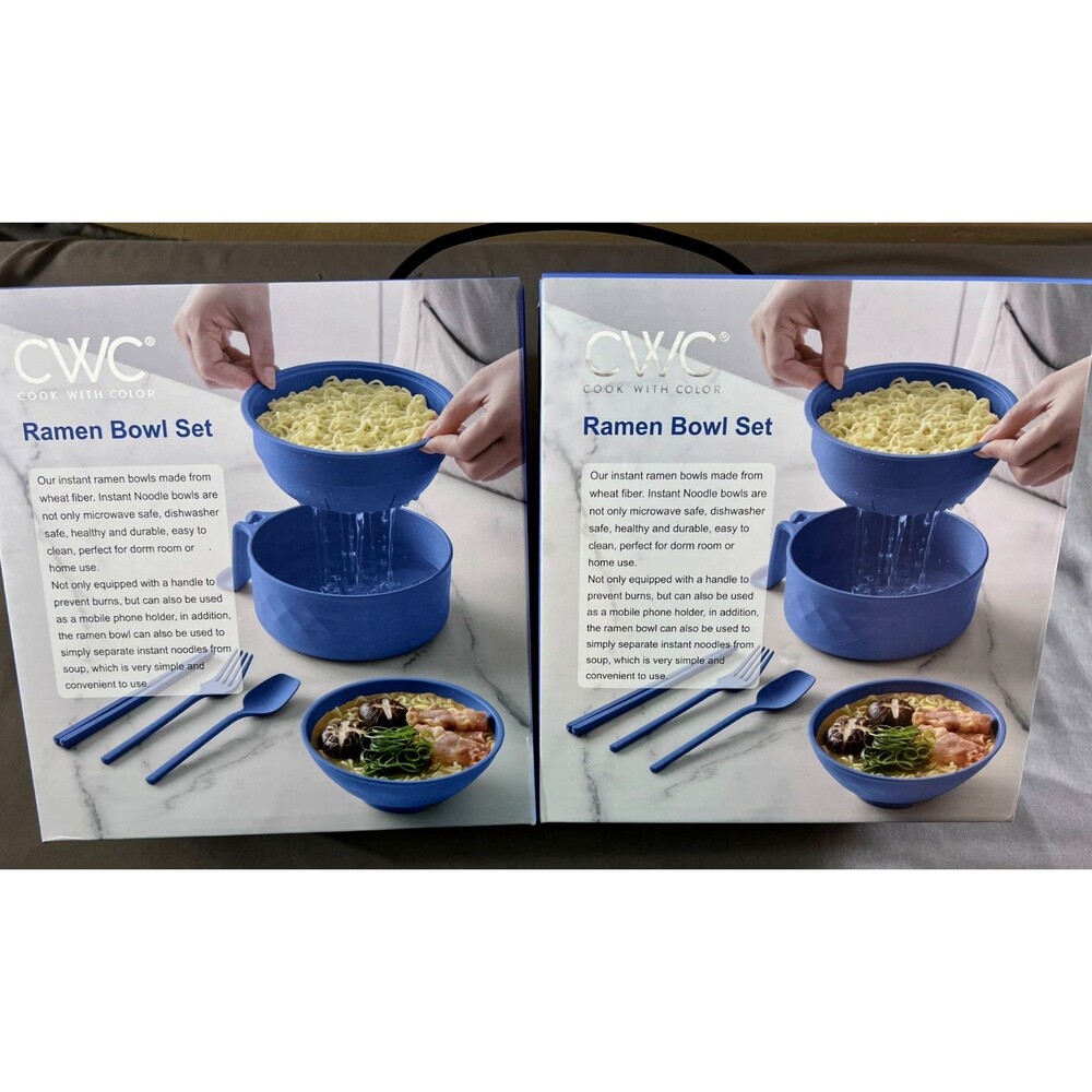 CWC Ramen Bowl Set Blue Wheat Fiber w/handles and utensils, NIB. (have 2)